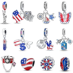 Meaning Series 925 Sterling Silver USA Flag Independence Day Statue Of Liberty Charms Beads 3mm DIY Fine Jewelry