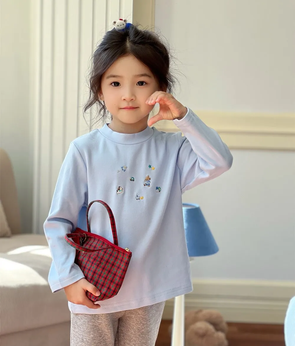 

baby girl clothes baby tops spring tops Blue cartoon embroidered solid color T-shirt boys and girls Comfortable tops