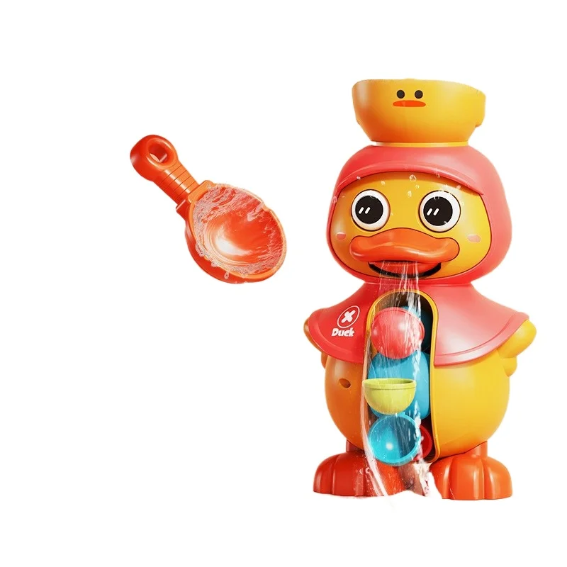 Babybaden, spelen in het water, spelen met waterspeelgoed, badkamer schattige eend roterend waterrad, draaien, kinderen