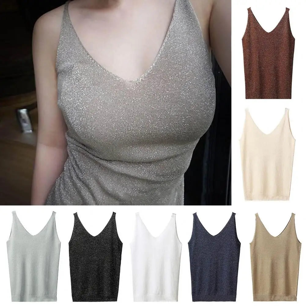 

Women Summer Sling Tops V-Neck Sleeveless Loose Fit Pullover Tops Sparkling Bright Silk Solid Color Bottoms Streetwear