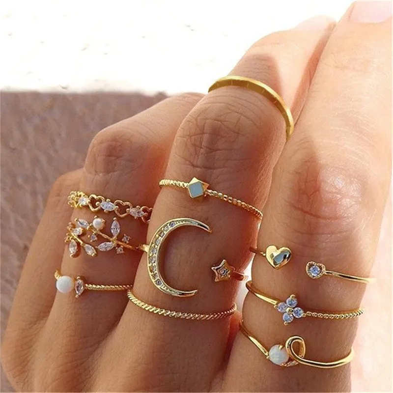 Boho Zircon Rings Set for Women, Gold Color Bohemia Crystal Letter Love Heart Moon Arrow Flower Ring Wedding Jewelry Gifts