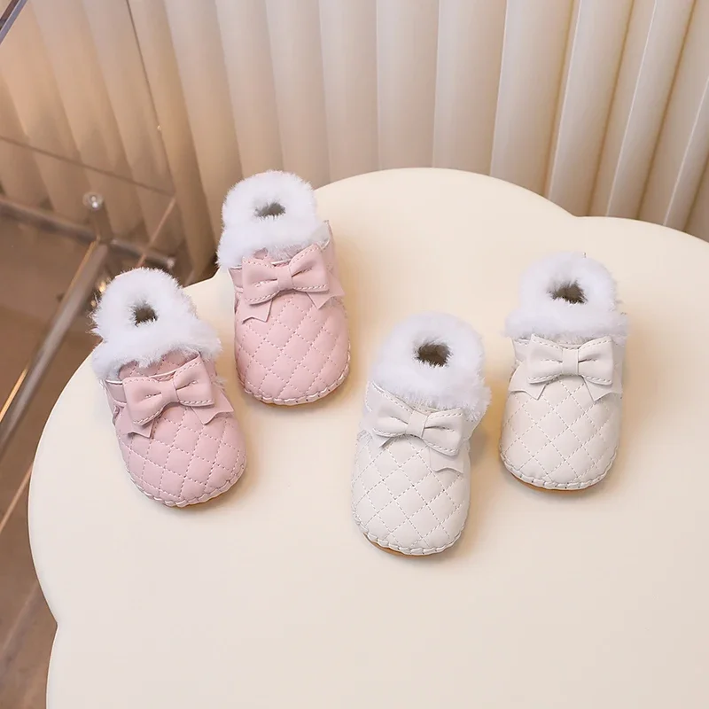 

Baby Walking Shoes with Thick Fur Cute Kids Snow Boots Sweet Bows Round Toes 2025 Winter New Girls Fashion Shoes Warm Non-slip