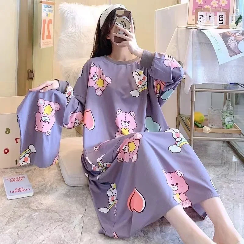 

Oversize Add Large Size Dresses 150kg Women Autumn Loose Cotton Blend Long-Sleeve Pajama Sleeping Shirt Dress Fat Female Clothes