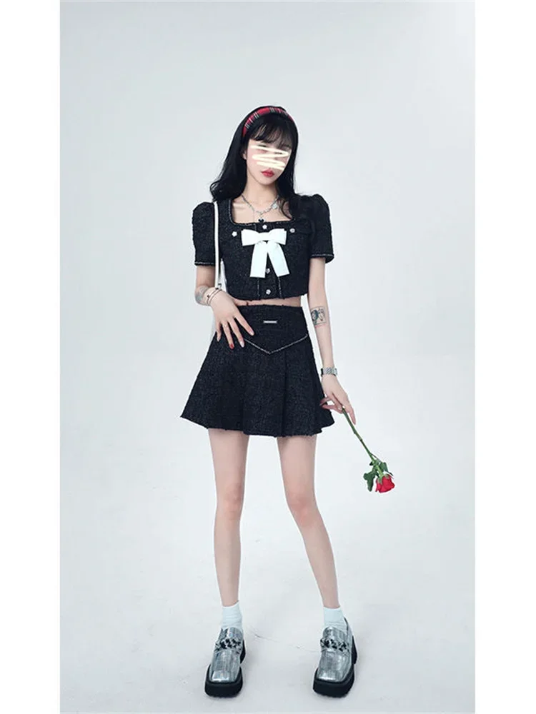 Irabeezt  2024 Summer Casual Short Skirt Suit Womem New Korean U Neck Bow Top High Waist Pleated Skirt Two-piece Clothes Trend