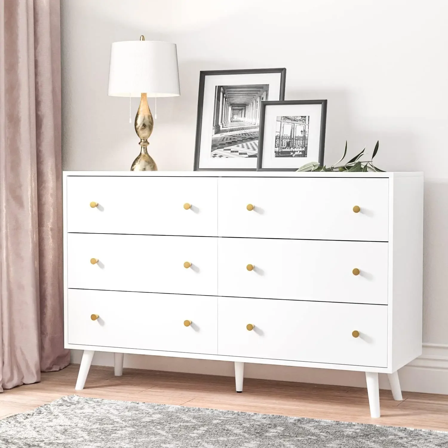 White Dresser for Bedroom, Modern 6 Drawer Dresser, Wide Chest of Drawers with Gold Handles, Wood Double Dresser Storage Cabinet