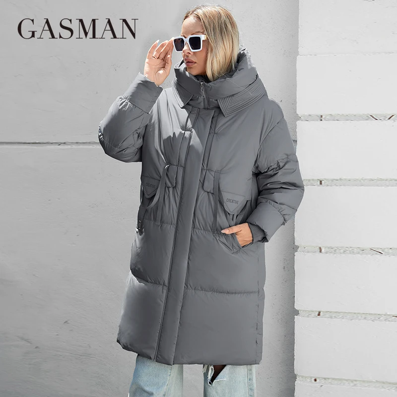 GASMAN 2024 Women down Jacket Long Classic zipper design Big Pocket Stand Collar Hooded Slim coat Women Parkas 88611