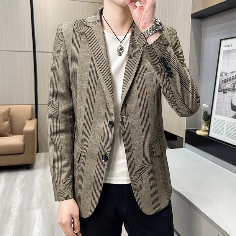 

HOO 2024 Men's Autumn New Plaid Business blazer Youth Slim Casual Fashion blazers