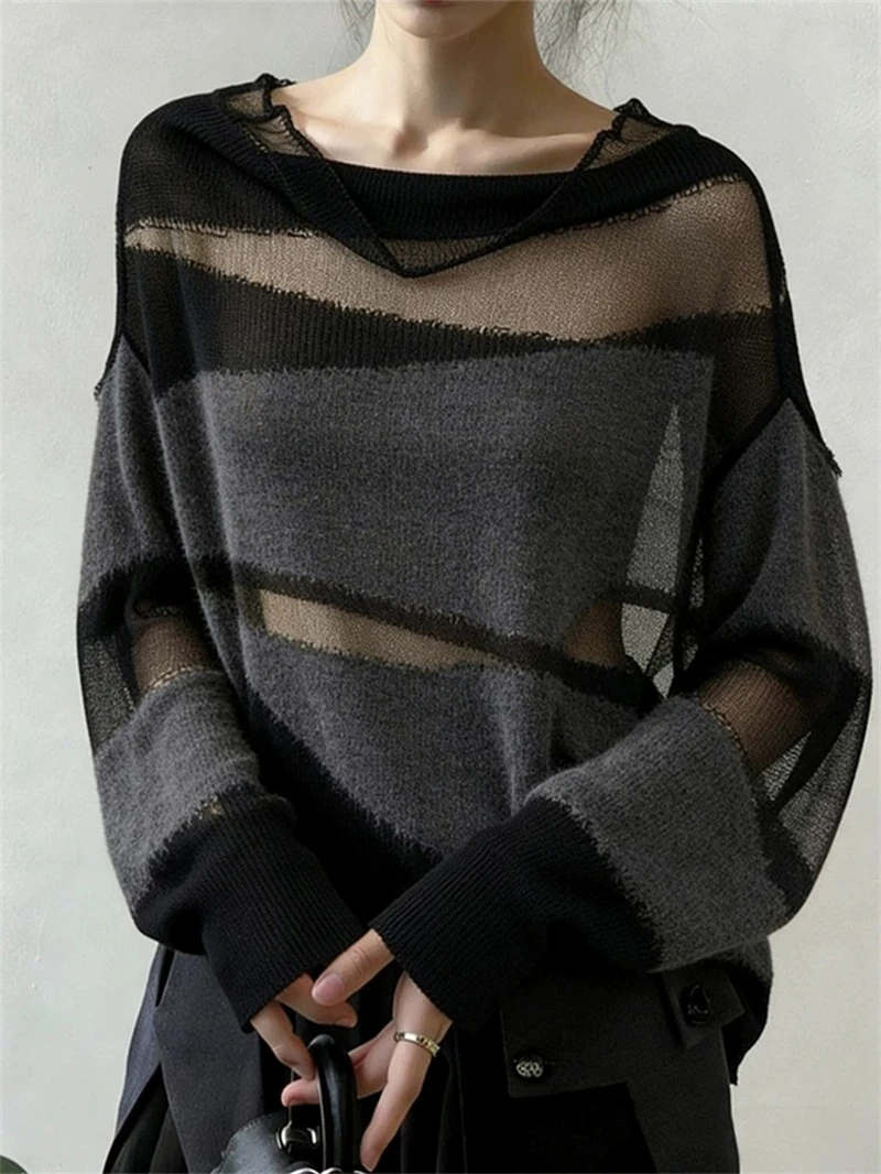 New Trendy Ragged-look Long Sleeve Women's Top Fashionable Unique Design Korean Style atmosphere contrasting see-through sweater