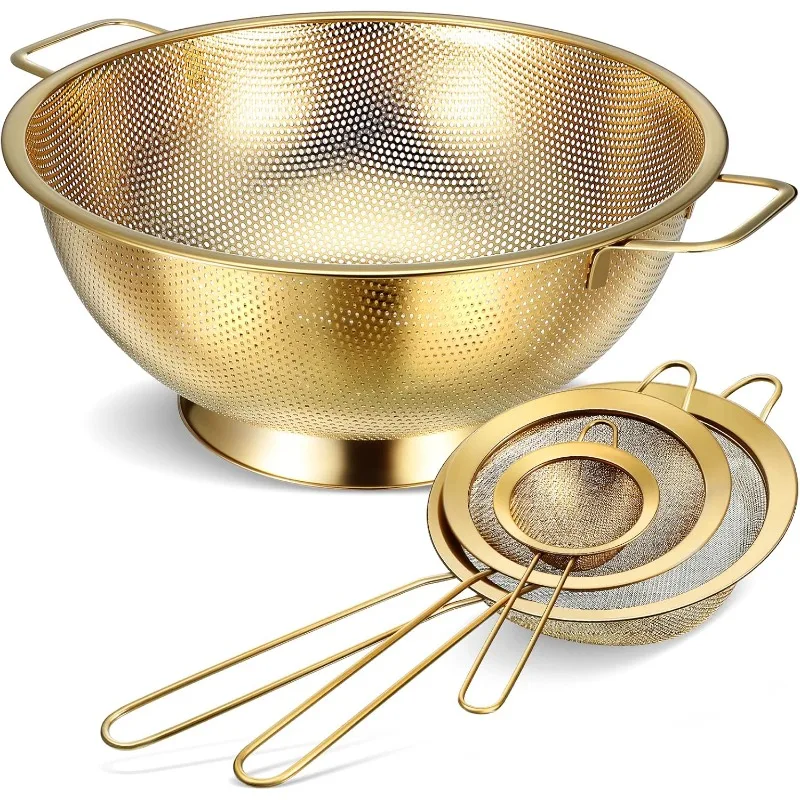 5 Quart Stainless Steel Gold Colander and 3 Pcs Gold Fine Mesh Strainer