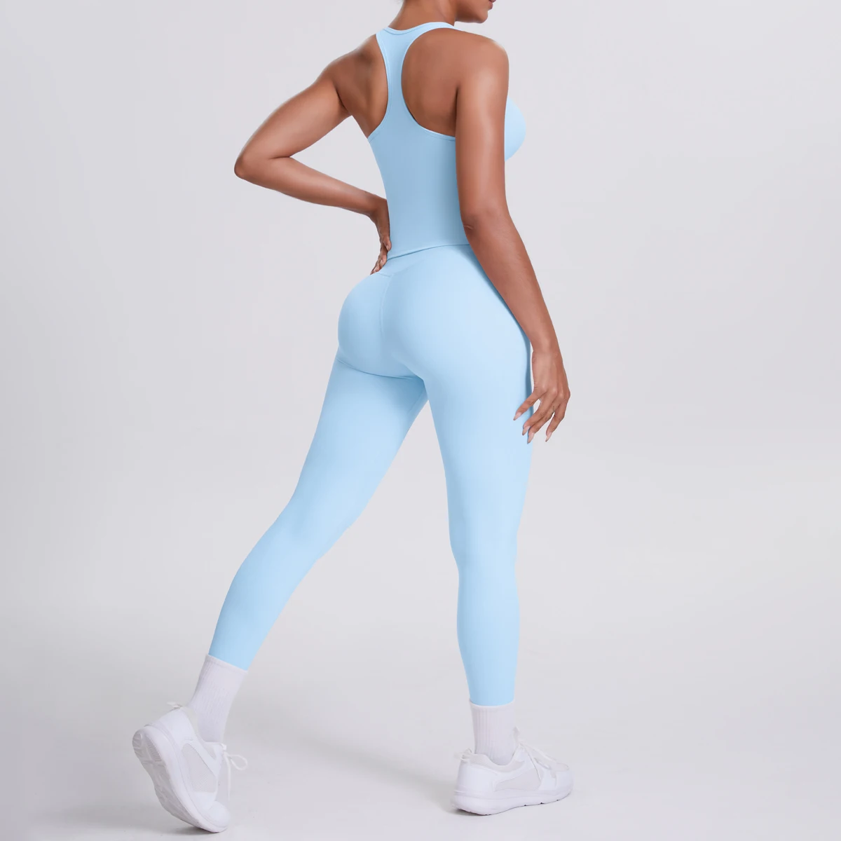 Hamidou 2-teiliges Damen-Yoga-Set, schnell trocknende, hüftformende Fitnesshose, Yoga-Leggings, einfarbig, Gym, schöner Rücken, I-förmige Weste – Detail 40