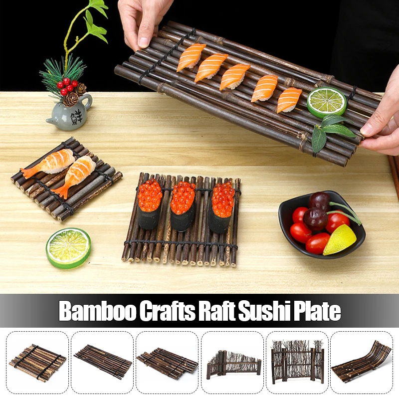 

Japanese Bamboo Crafts Raft Sushi Plate Tray Sashimi Dishes Placement Bowl Decor Bamboo Ladder Fence Table Decoration