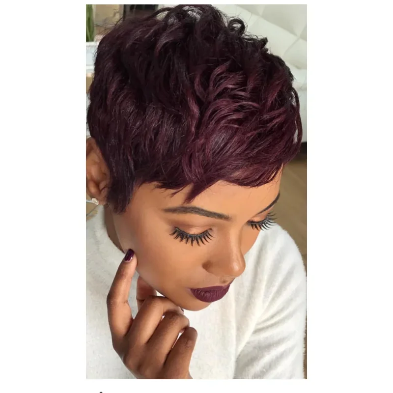 BeiSDWig باروكات صناعية مقاومة للحرارة للنساء أسود/أبيض شعر مستعار أسود قصير مع غرة بورجوندي مختلطة تسريحات الشعر الملونة E