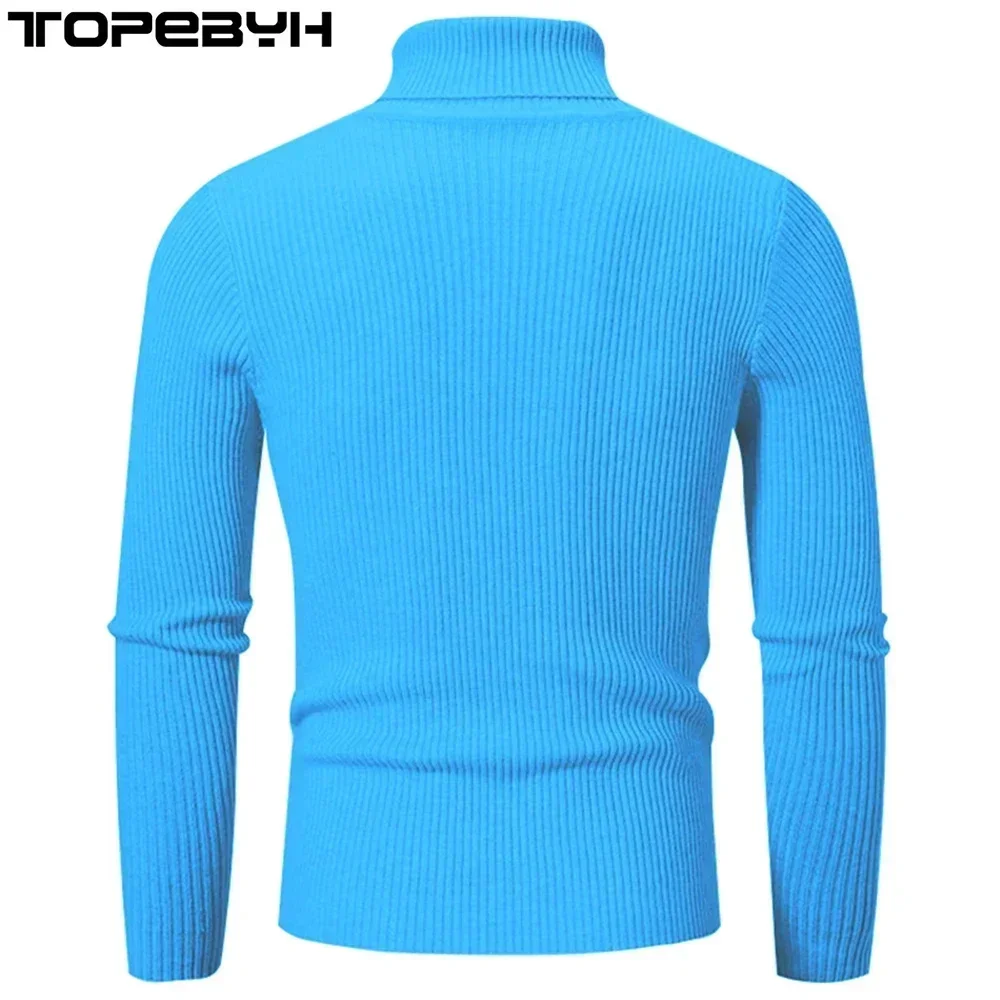 High Quality Men\'s Autumn and Winter High Neck Knit Shirt Slim Fit Long Sleeve Sweater Solid Color Pullover Tops