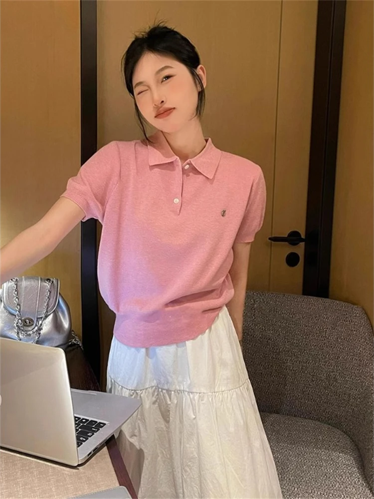 

Ele Knitted Ice Silk ort Sve irt Женский летний уникальный красивый модный топ oulder Level