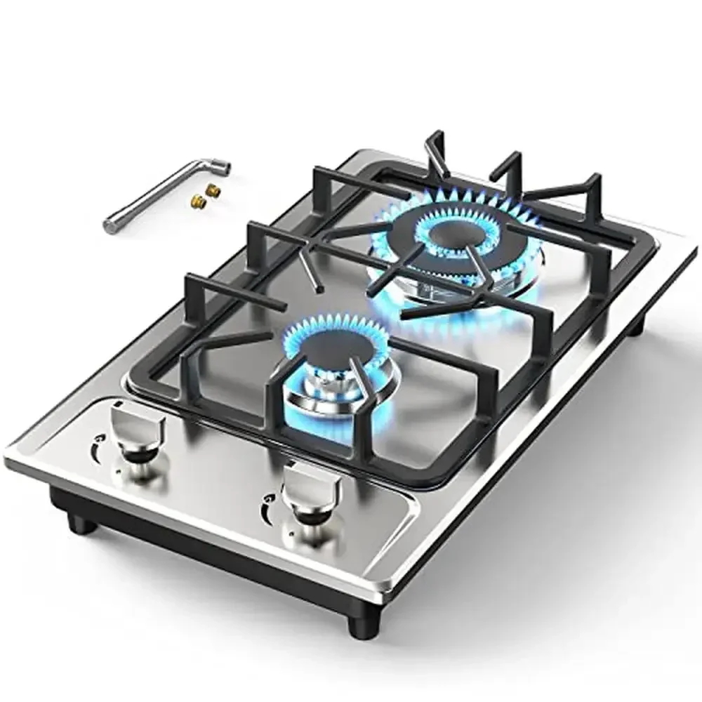 Dual Fuel 2 Burner Gas Stove Cooktop 12 Inch Stainless Steel LPG/NG Hob RVs Apartments Easy Clean Sealed Burners High Efficiency