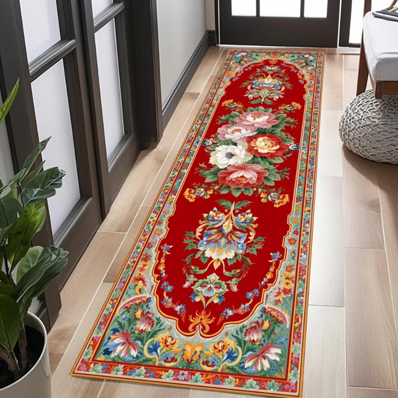Black White European Vintage Floral graphics Runner Rug,Corridor,Laundry Room,Sofa Side,Non Slip Runner Rug,Elegant Home Gift