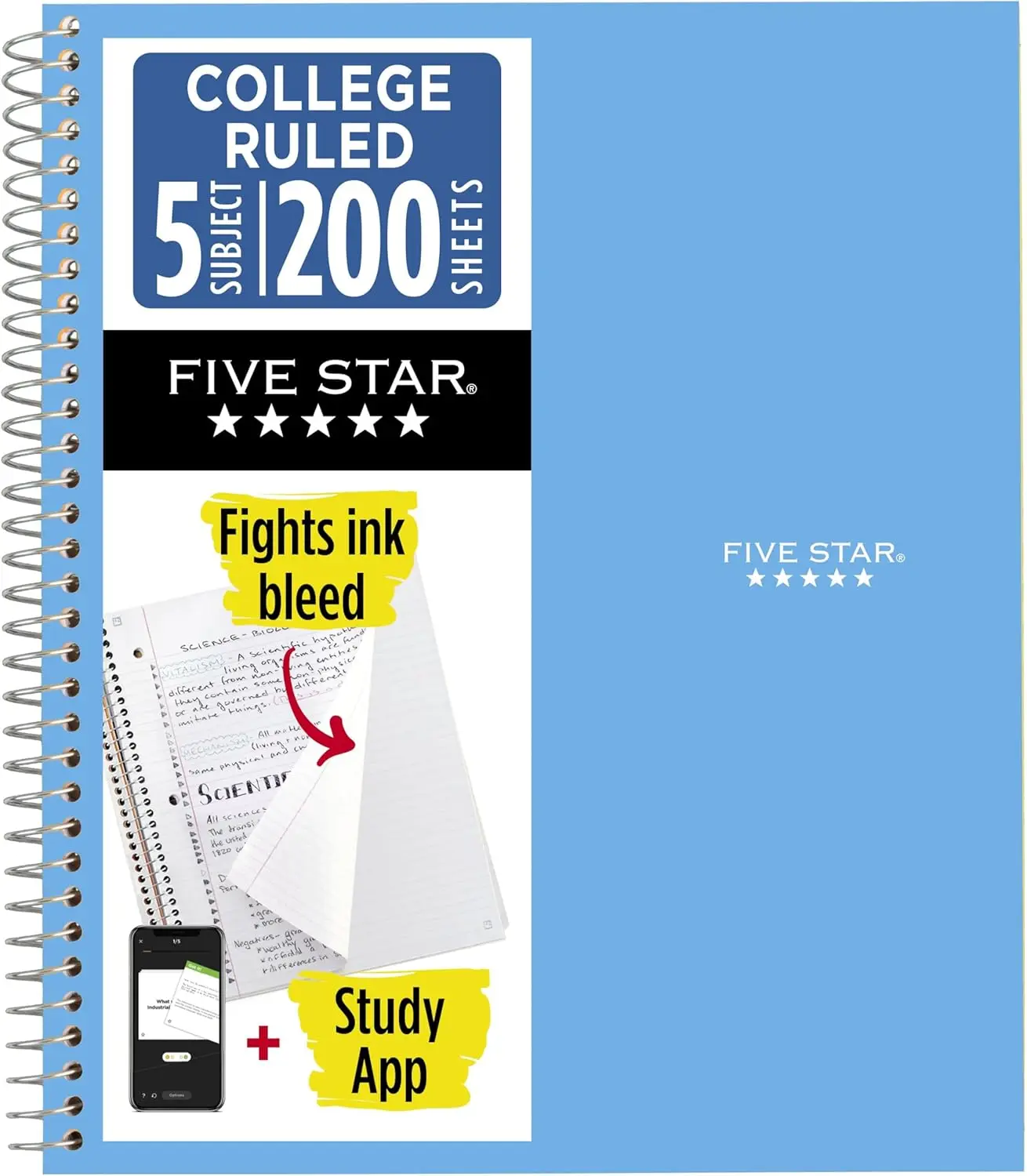 

Spiral Notebook 5 Subject College Ruled 200 Sheets 8.5x11 Inch with Study App, Water Resistant Cover, Fights Ink Bleed