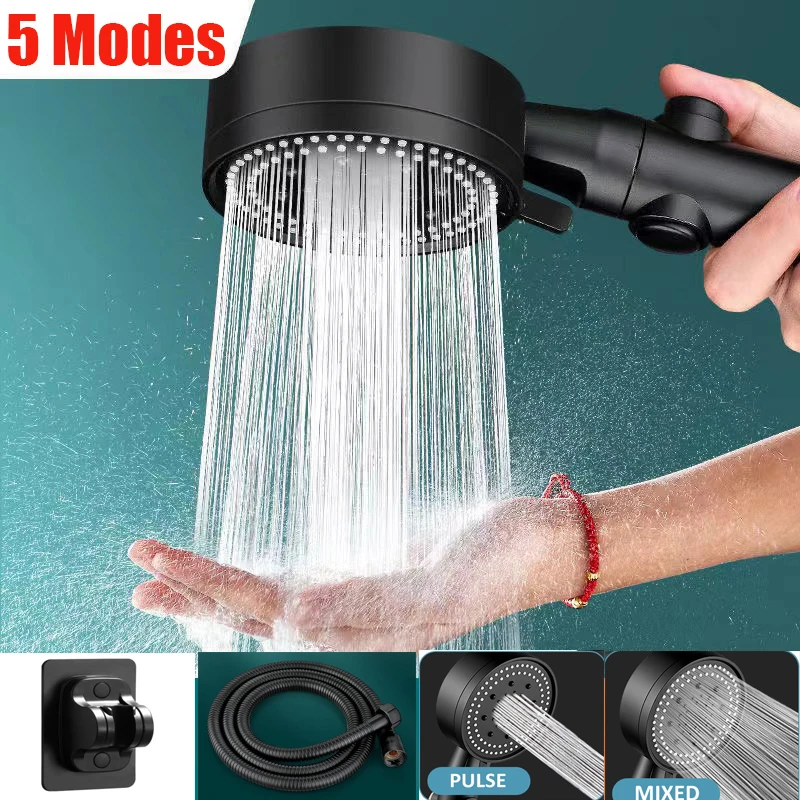 Shower Head Portable 5 Modes Showerhead ABS Plastic Chrome High Pressure Black Douche Set With Button Hose Bathroom Accessories