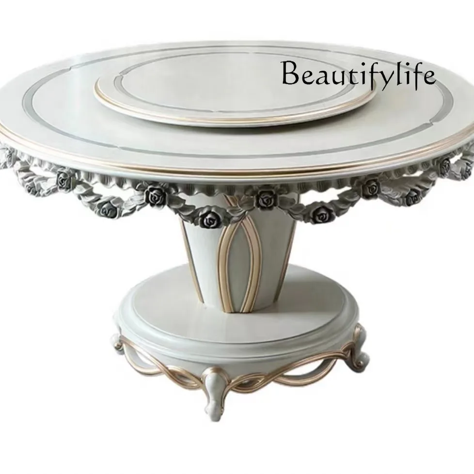 

High-end furniture French luxury dining table, European restaurant hand-carved round combination dining table and chairs