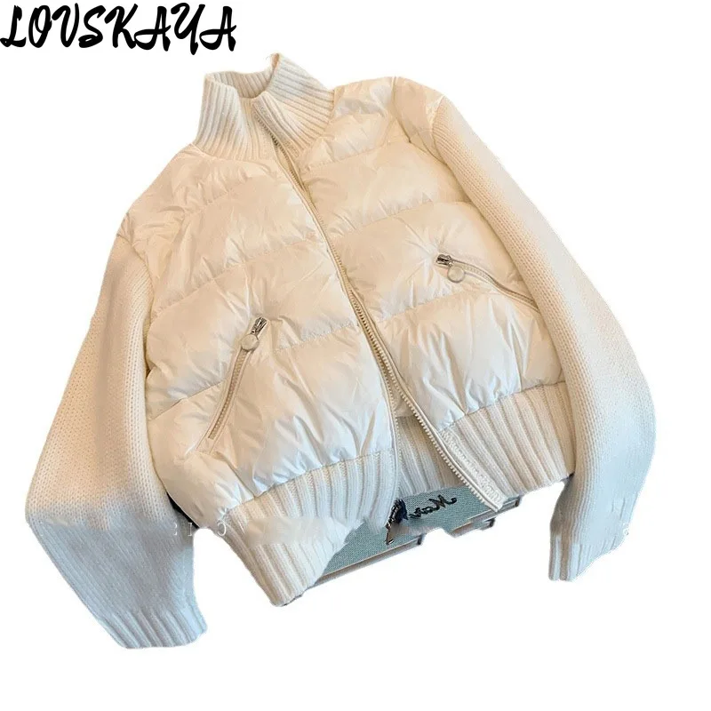 New casual and fashionable thickened jacket design with white knitted splicing stand up collar cotton jacket for women