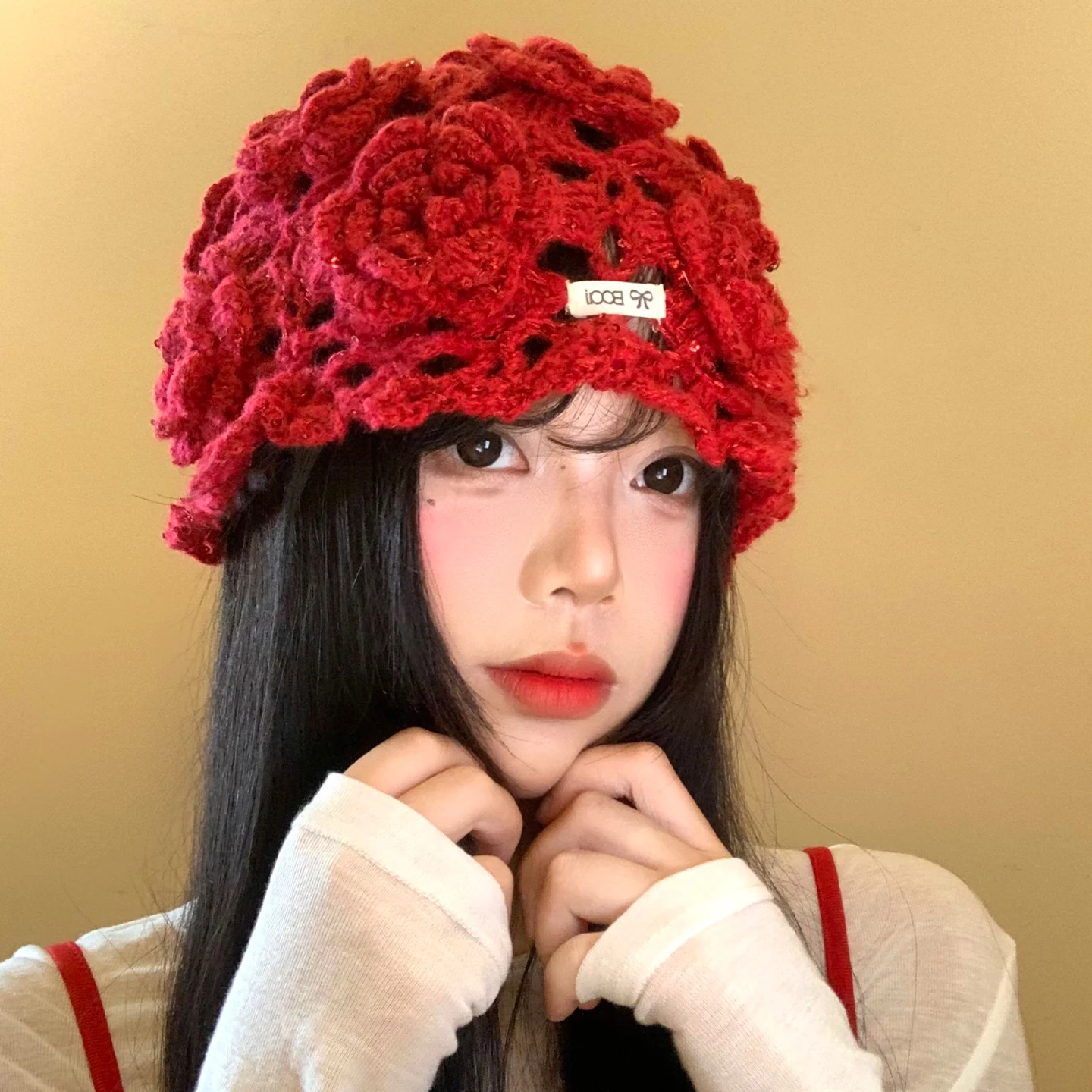 Handmade Crochet 3D Flower Hollow Out Knitting Beanies Cap Women High Street Beret Cap Spring Knited Sequined Skullies Beanies