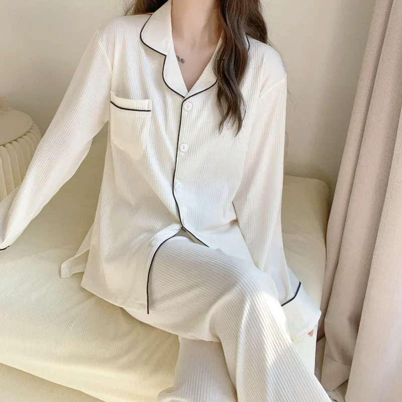 Women Long Sleeve Trousers Cotton Pajamas Dormir Lounge Sleepwear Solid White Pajama Mujer Bedroom Home Clothes Female Pyjamas