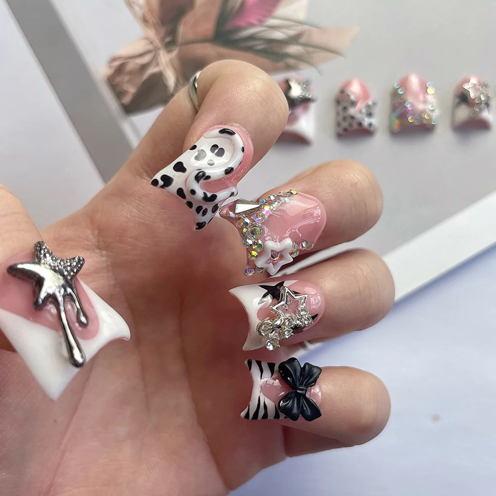 Y2K Fashion Short Duckbill Pink Handmade Wearable Nails French Wave Point Streak Zircon Pentagram Full Cover Nail Ring Set