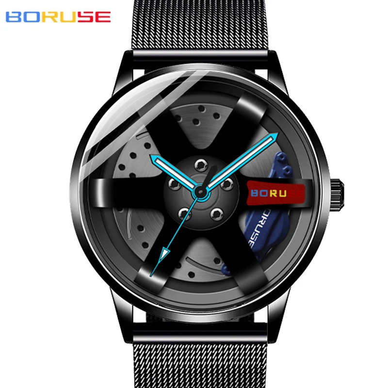 BORUSE Fashion Mens Car Wheel Watches Luminous Clock Luxury Men Mesh Belt Waterproof Quartz Watch relogio masculino