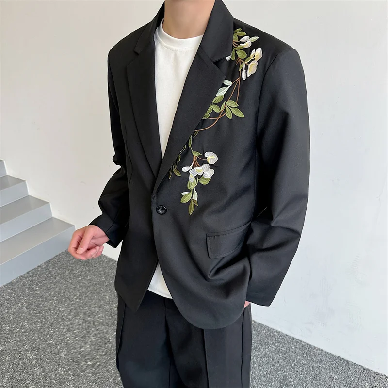 

Spring Summer New Chinese Sle Men's Embroidered Tea Flower Design Casual Suit Jaet Trendy Small Western Sle irt
