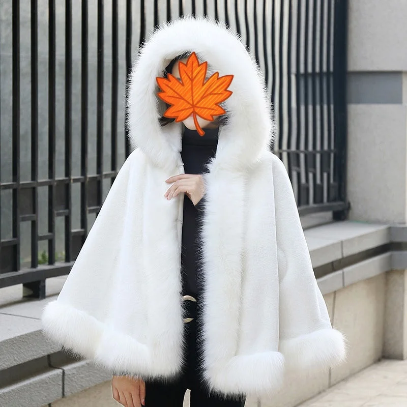 

2024 Women's Hooded Cloak Kimono Style Winter Shoulder Wrap Jacket Faux Fur Medium-Length Korean Fashion Outerwear