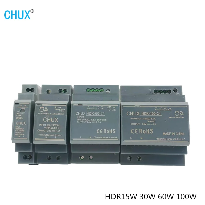 CHUX Ultra Slim 15W 30W 60W 100W Switching Power Supply HDR Din rail Series DC 5V 12V 15V 24V 36v Step Shape SMPS PSU