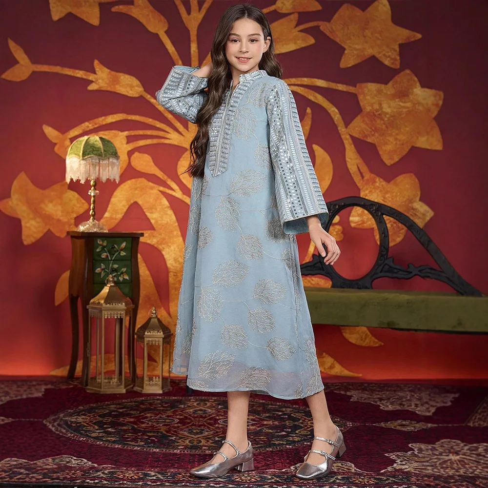 

Марокканское мусульманское детское платье макси с вышивкой и блестками для девочек, халат Рамадан, исламская детская одежда, арабское вечернее платье Абая, Турция