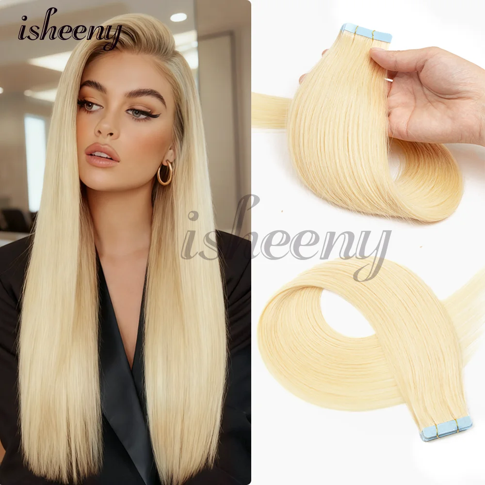 Isheeny شريط غير مرئي أشقر فاتح في وصلات شعر بشرية شعر طبيعي مستقيم سهل الارتداء للمرأة 12 بوصة 40 قطعة 60 جرام
