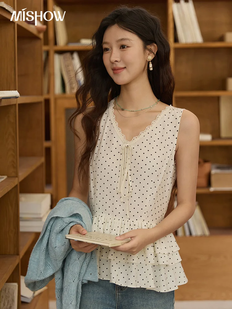 

MISHOW Women's Retro Polka Dot Top 2025 Autumn V Neck Lace Trim Tiered Blouse Three Layer Ruffle Hem Cake Style Tops MXE41X1943