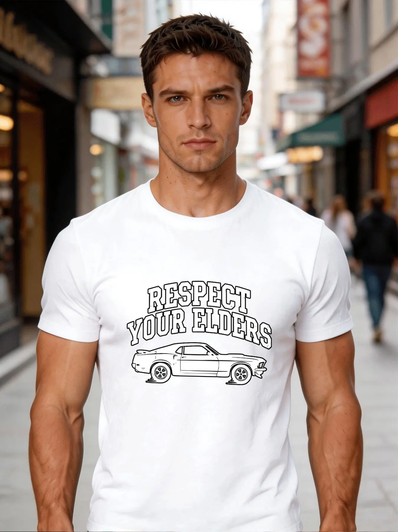T-shirt col rond pour homme, imprimé texte 'Vintage Car Respect' sur le devant, manches courtes, coupe oversize, décontracté quotidien, doux, respirant, basique