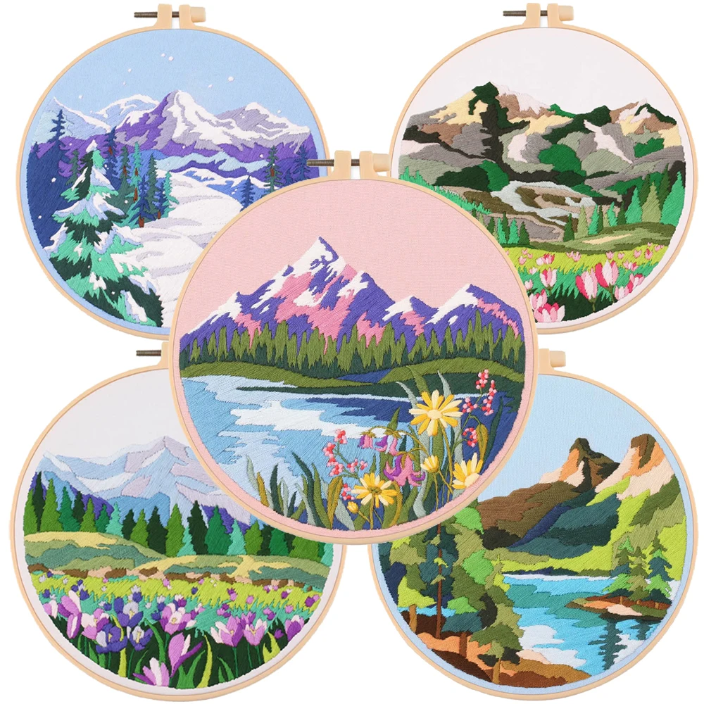 Mountain Embroidery Kit for Beginners Adults, Hand Cross Stitch Kit with Printed Patterns Embroidery NeedlesThread