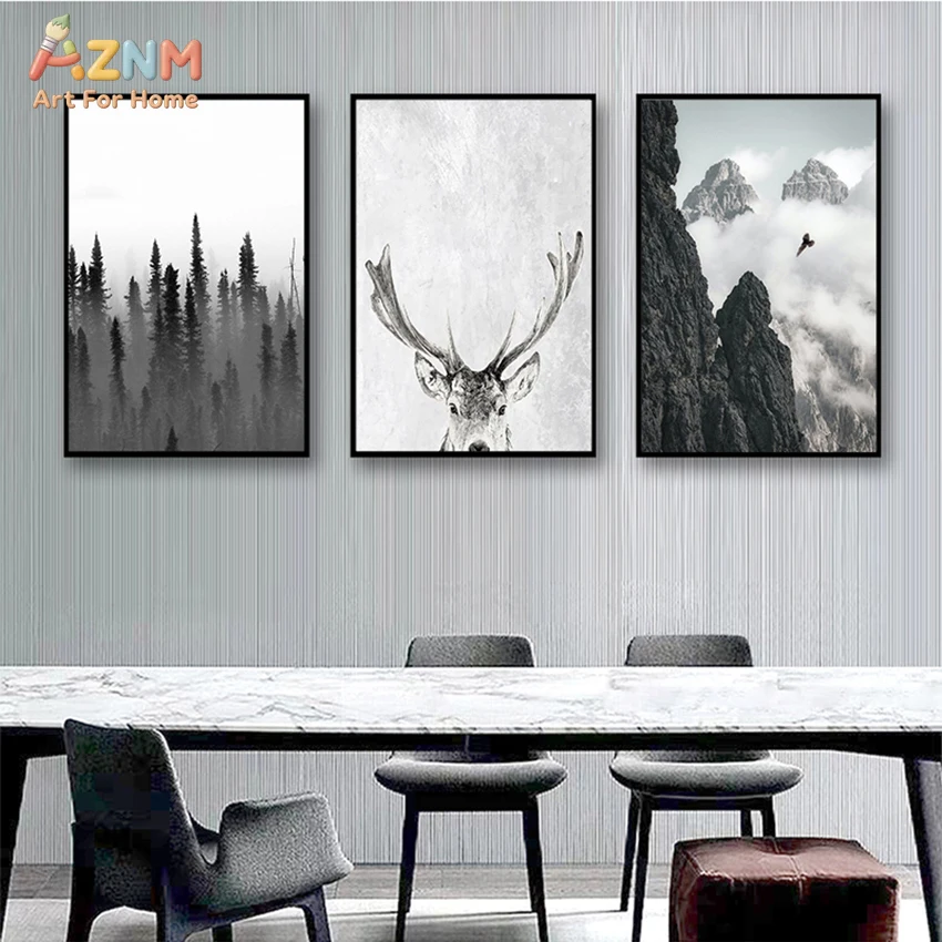 1 Stück Rahmenloser Wandkunstdruck Minimalistisches Gemälde Wohnzimmerbild Skandinavischer Wald Hirsch Adler Schwarz-Weiß Landschaft Leinwand