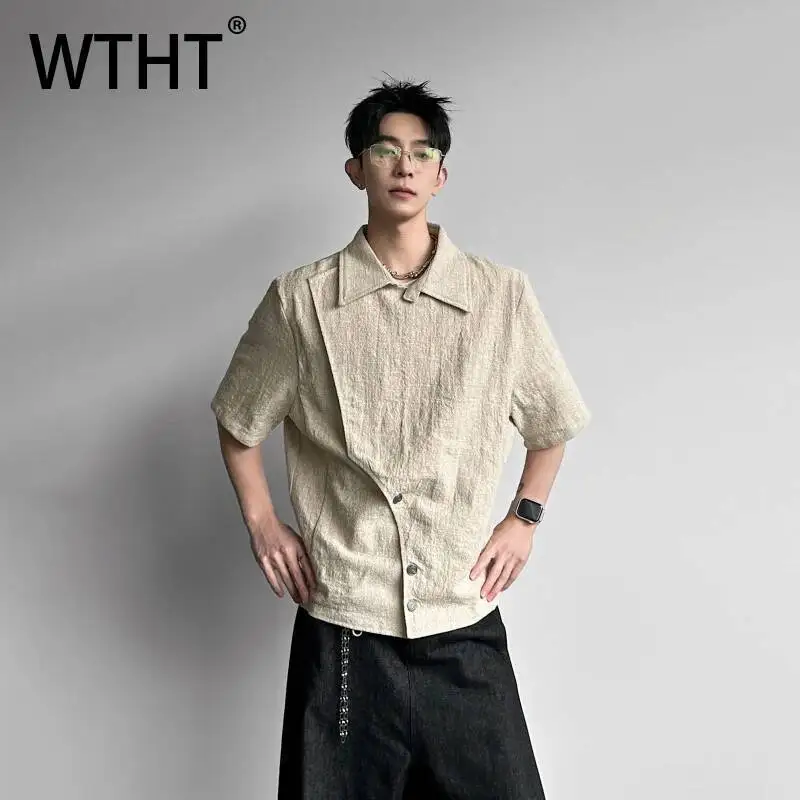 WTHT Trendy Men Solid Color Patchwork Button Design T-shirt Fashion 2026 Summer Turn Down Collar Short Sleeves Shirt Male 2A3046