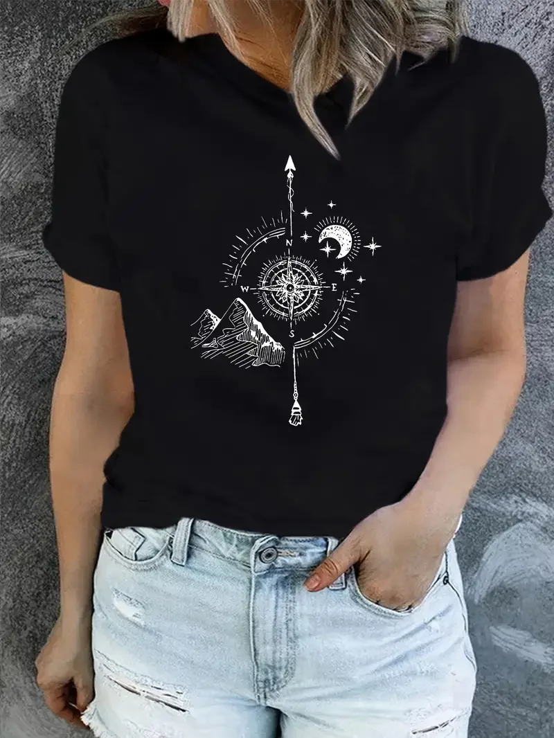 Compass and Moon Graphic Funny T-Shirt Summer Women's Shirt Fashion O-Neck Short Sleeve Casual Commuter Top Minimalist Design