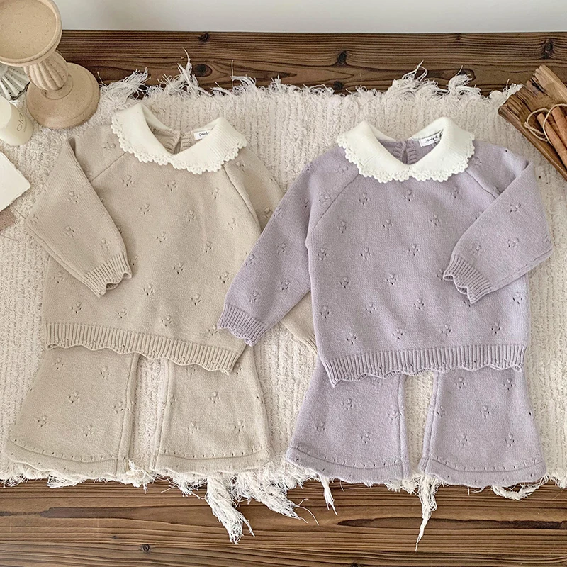 2024 New Autumn  Korean Style Infant Baby Girls Knitted Clothing Set Long Sleeved Knitted Pullover+Pants Children Clothes Suit