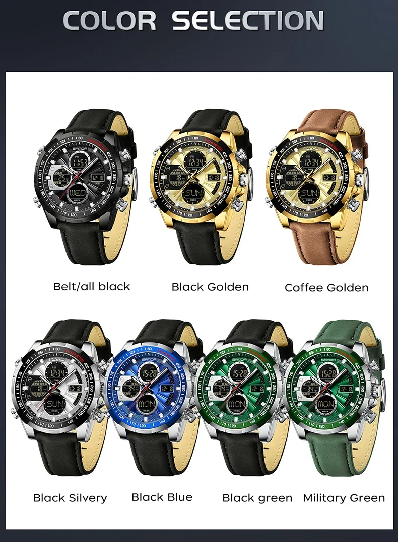 SANDA Men's Quartz Electronic Watch Dual Display Sports Multi functional Waterproof LED Night Light Men's Electronic Watch 5105(
