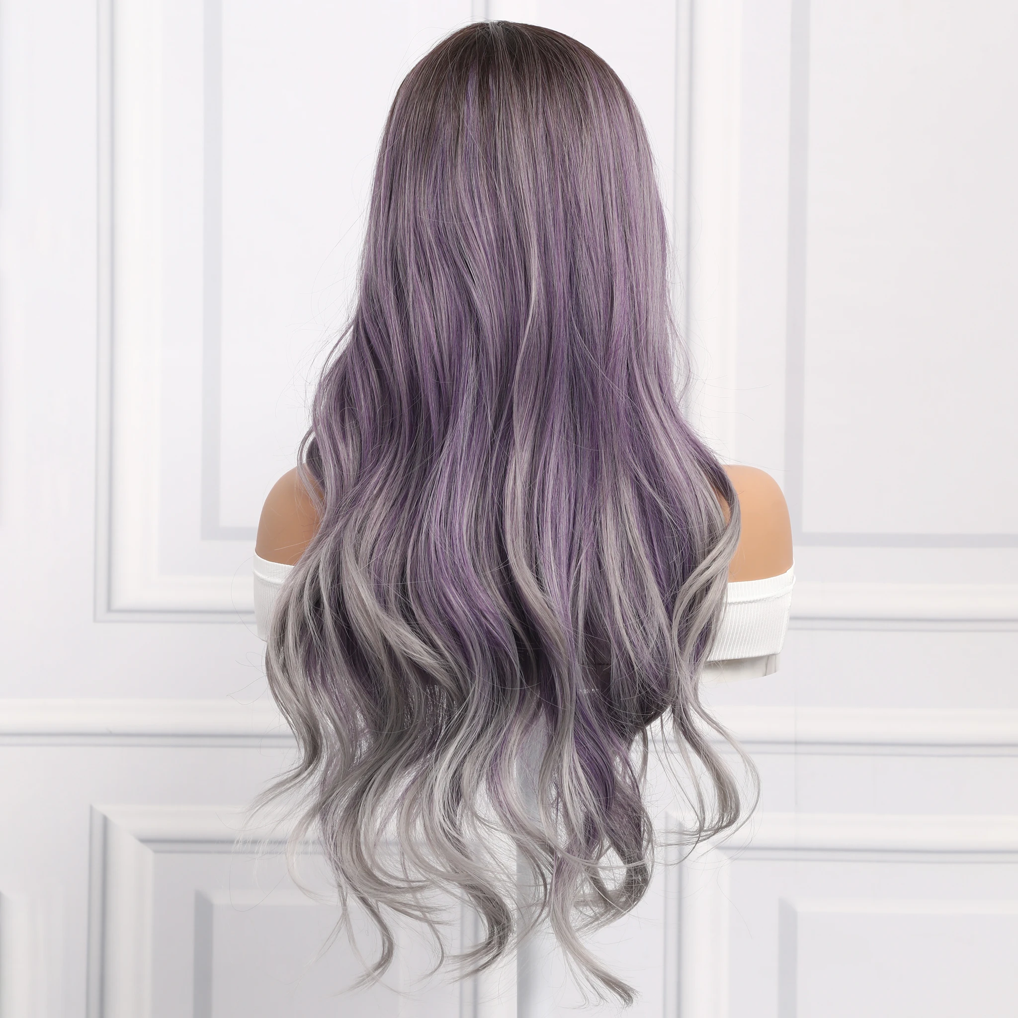 Trendy Curls: 26-Inch Grayish Purple Gradient, Natural Center Parting Women's Synthetic Wig