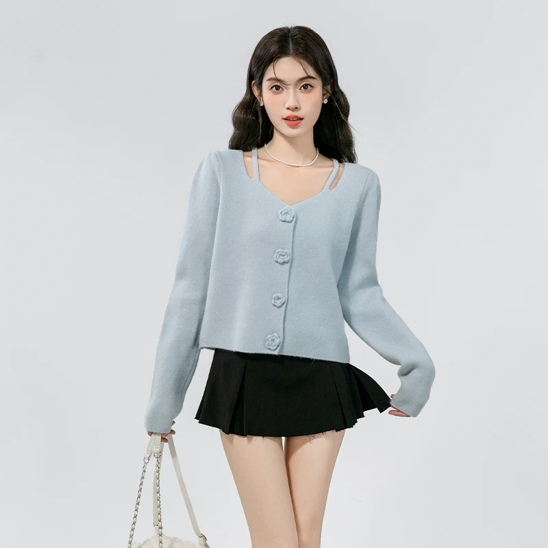 Design inspired knitted sweater top for women's autumn collection, thickened and versatile, sweet sweater cardigan jacket