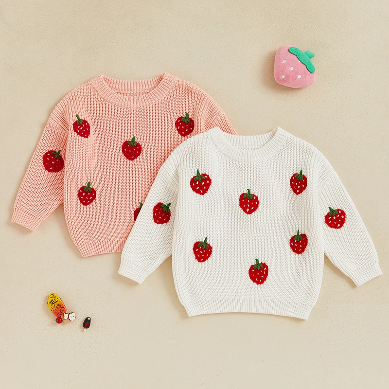 Suefunskry Baby Girls Knitted Sweater Long Sleeve O-Neck Strawberry Embroidery Tops Kids Fall Winter Knitwear Jumpers Pullovers