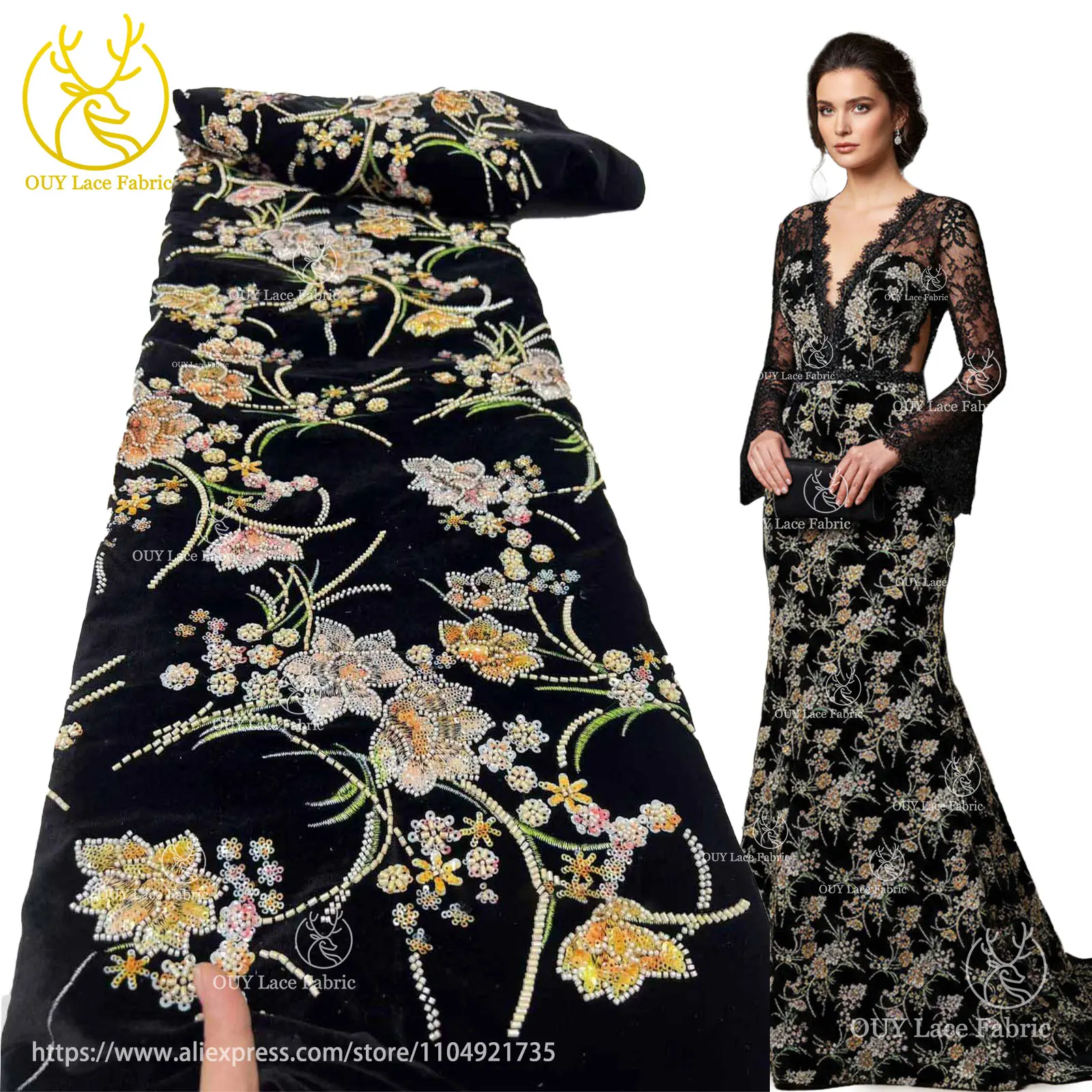 

Latest Black Velvet Sequins Embroidery Flower Lace Fabric 2025 Luxury African French Beaded Lace Fabric for Women's Evening Gown