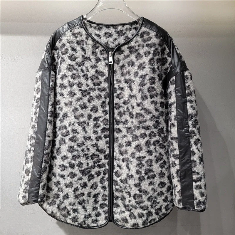 DEAT Women's Coat O-nek Leopard Pattern Zipper Pu Edge Cotton-padded Loose Long Sleeve Jackets 2024 New Fashion Winter 29L8910