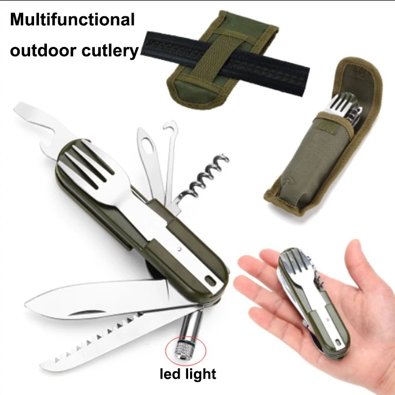 2022 Outdoor Portable Army Green Folding Camping Cutlery Knife Fork Spoon Bottle Opener Tableware Stainless Steel Pocket Cutlery