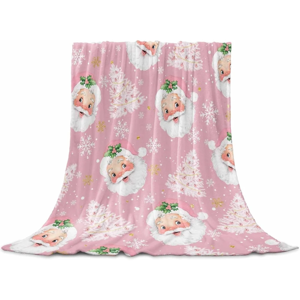 

Pink Santa Christmas Throw Blanket Flannel Fleece, Xmas Tree Soft Plush Cozy Baby Blankets Winter Snowflake Pink Blankets Throws