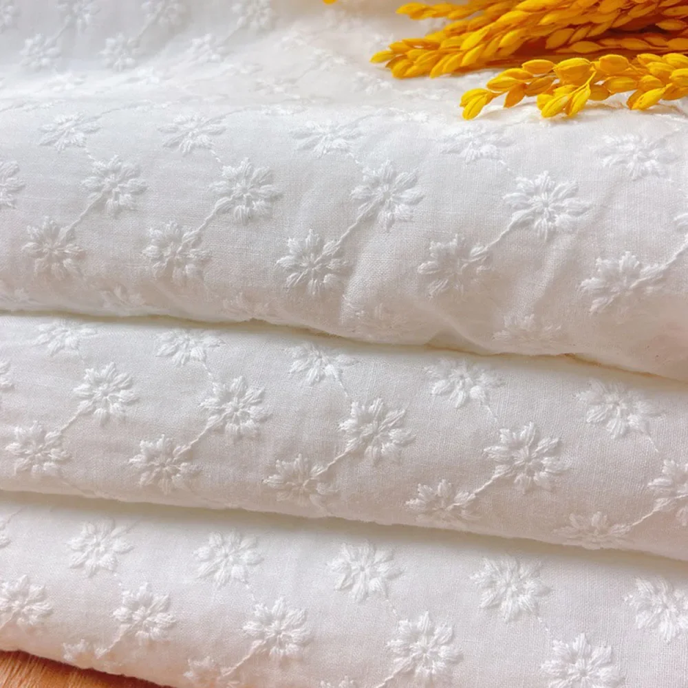 

130cm Wide Soft Thin White Embroidered Pure Cotton Fabrics For Sewing Girl Costume Dress Shirts Quilting Cloth Materials Curtain