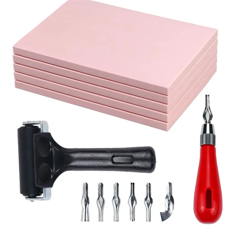 

AT14 5 Pack Rubber Block Stamp Carving Blocks With Cutter Tools And Rubber Brayer Roller For Printmaking And More Crafts